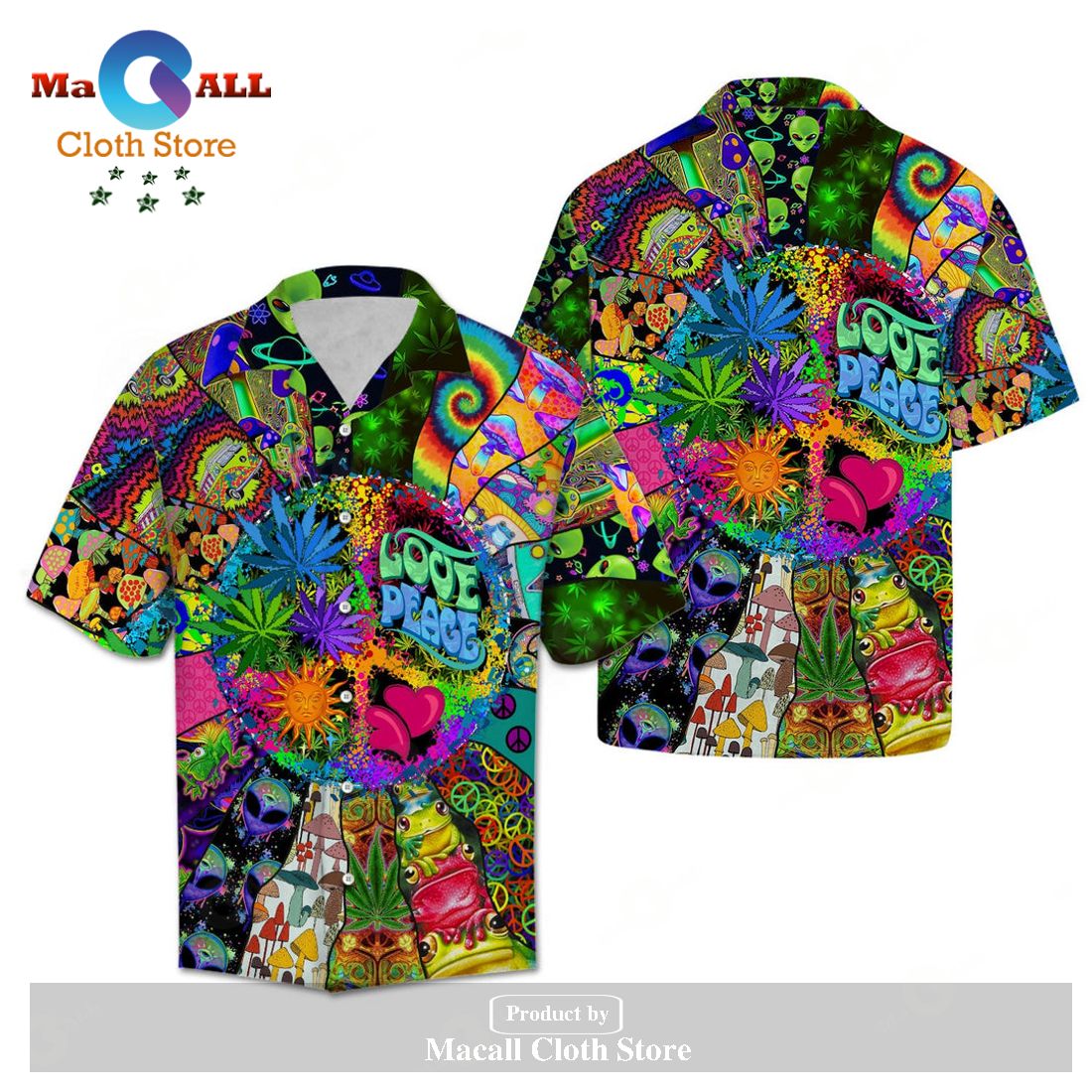 Hippie Hawaiian Shirt Love Peace Hippie Mushroom Alien Symbols Hawaii