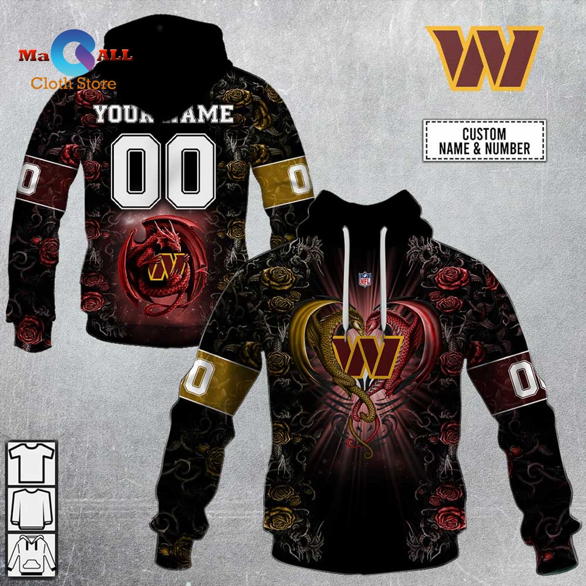 [NEW] NFL Rose Dragon Washington Commanders Hoodie 3D