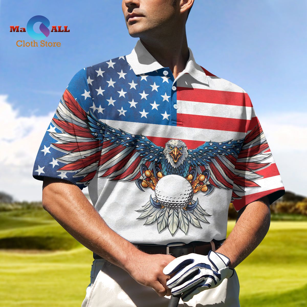 [NEW] Golf American Flag Eagle Wings, White Golf Pattern And Golf Ball, Patriotic Golf Shirt For Men Polo Shirt