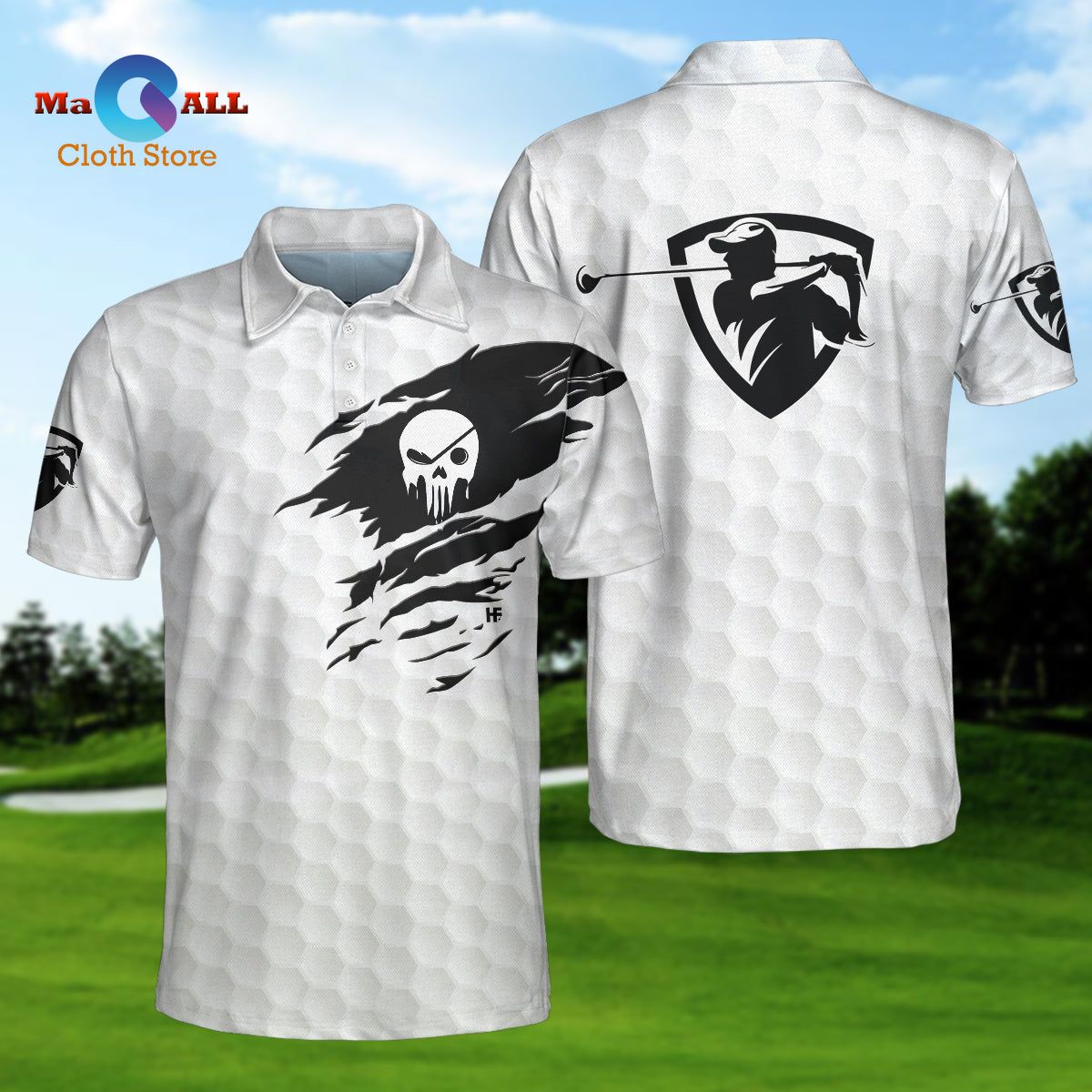 [NEW] The Golf Skull Short Sleeve Golf, Black And White Golf Pattern Ripped Skull, Best Golf Shirt For Men Polo Shirt