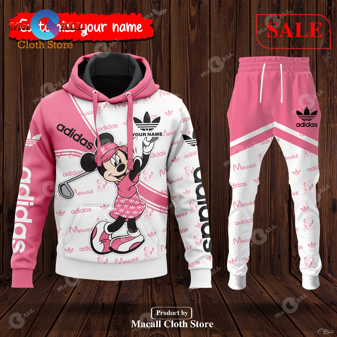 [SALE] Adidas Customize Name Pink Gold Mickey All Over Printed Hoodie Sweatshirt 3D LIMITED EDITION