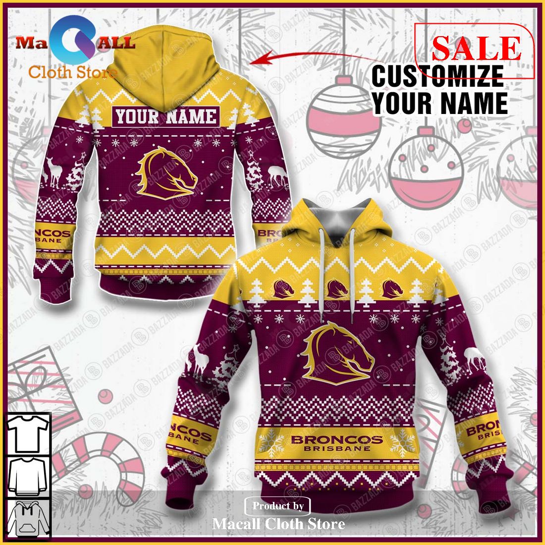 [SALE] Personalize Name Christmas NRL Brisbane Broncos Hoodie Sweatshirt 3D LIMITED EDITION