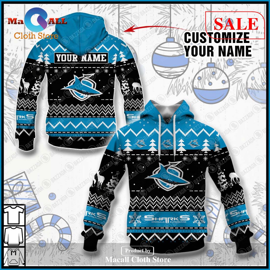 [SALE] Personalize Name Christmas NRL Cronulla-Sutherland Sharks Hoodie Sweatshirt 3D LIMITED EDITION