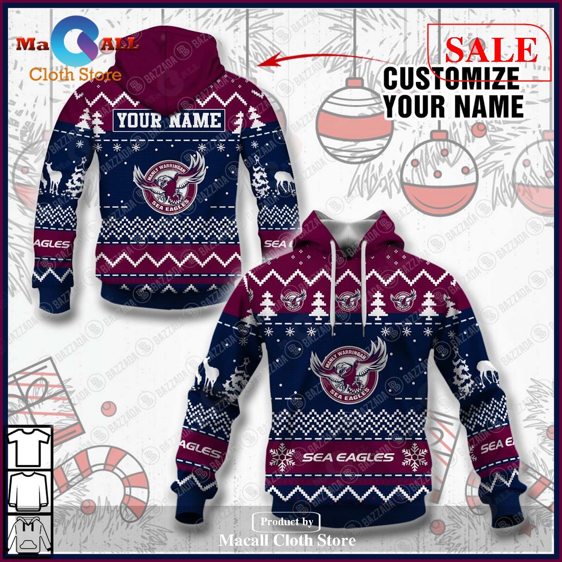 [SALE] Personalize Name Christmas NRL Manly Warringah Sea Eagles Hoodie Sweatshirt 3D LIMITED EDITION