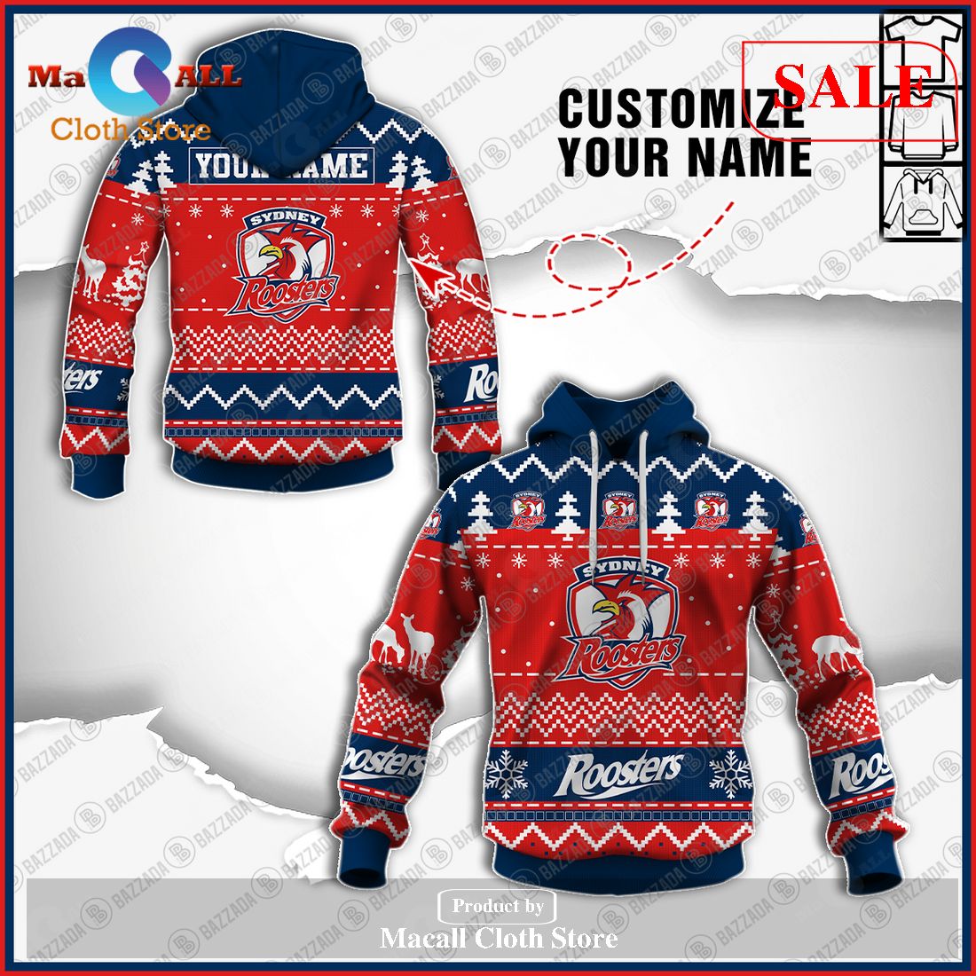 [SALE] Personalize Name Christmas NRL Sydney Roosters Hoodie Sweatshirt 3D LIMITED EDITION