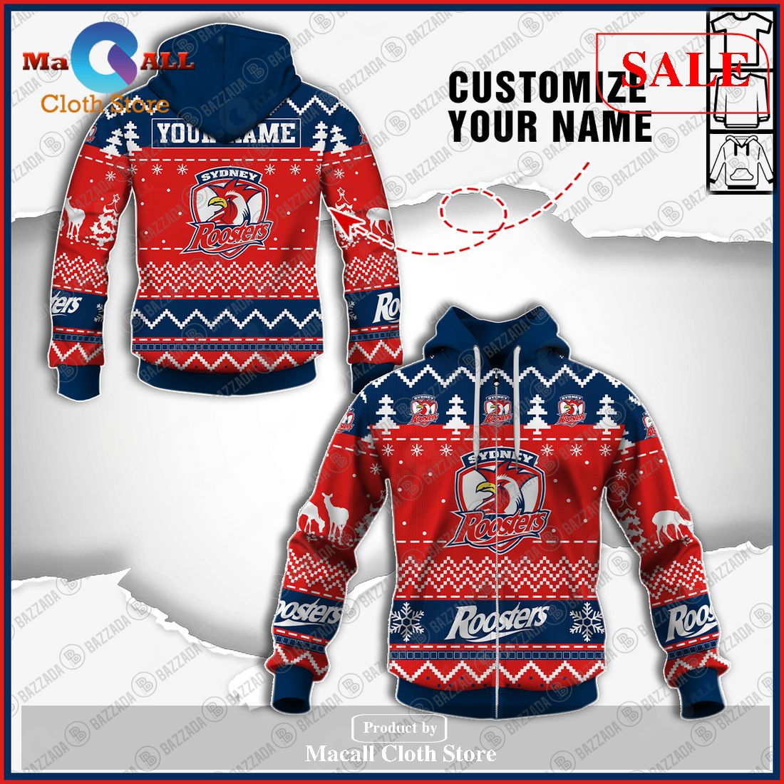 [SALE] Personalize Name Christmas NRL Sydney Roosters Hoodie Sweatshirt 3D LIMITED EDITION