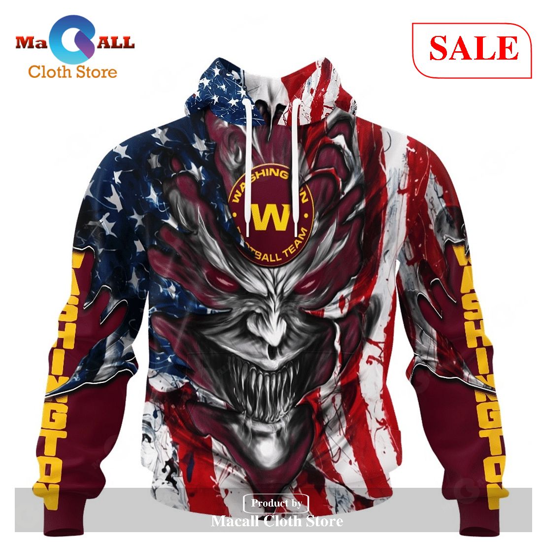 [SALE] Personalized NFL Washington Commanders Demon Face American Flag Hoodie Sweatshirt 3D LIMITED EDITION