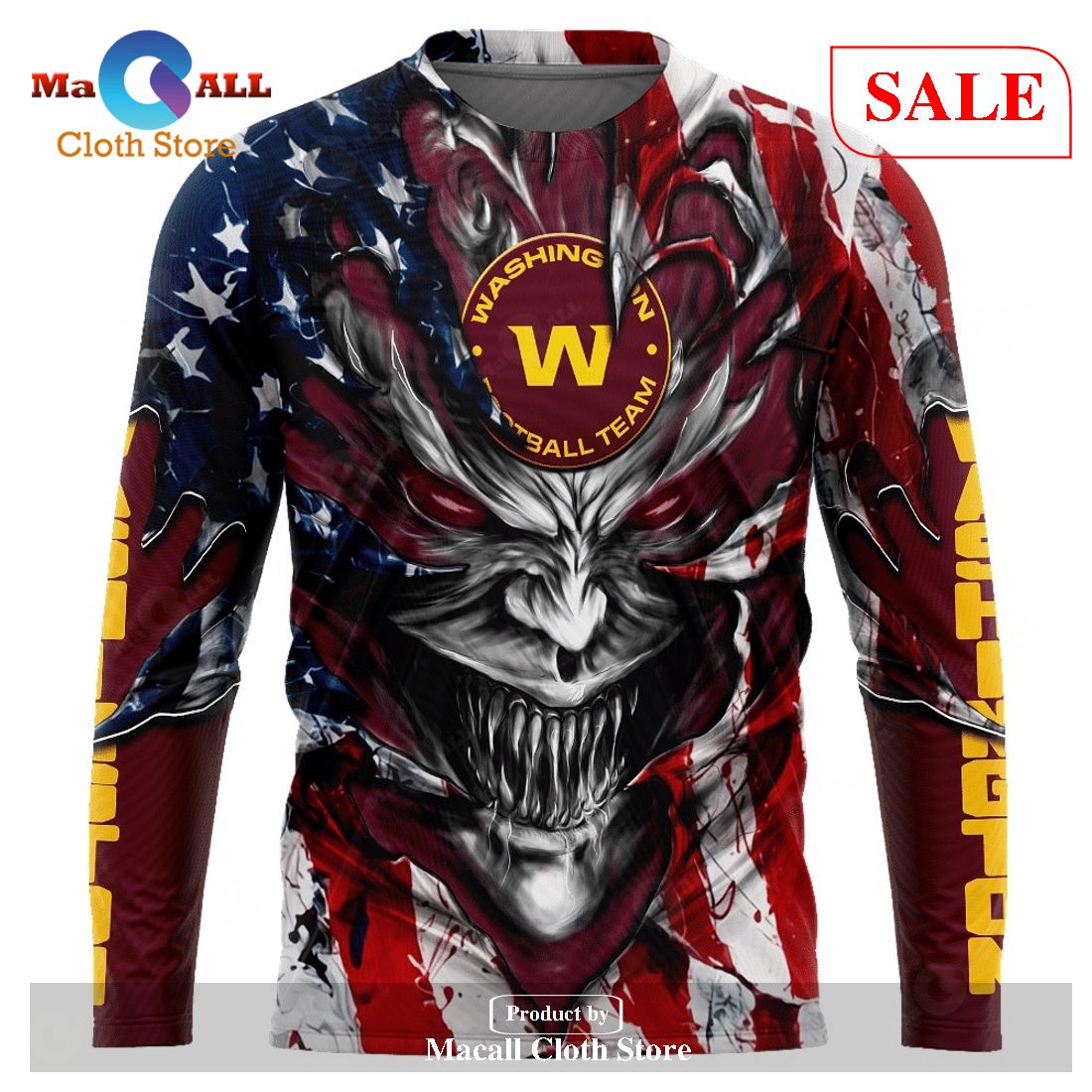 [SALE] Personalized NFL Washington Commanders Demon Face American Flag Hoodie Sweatshirt 3D LIMITED EDITION