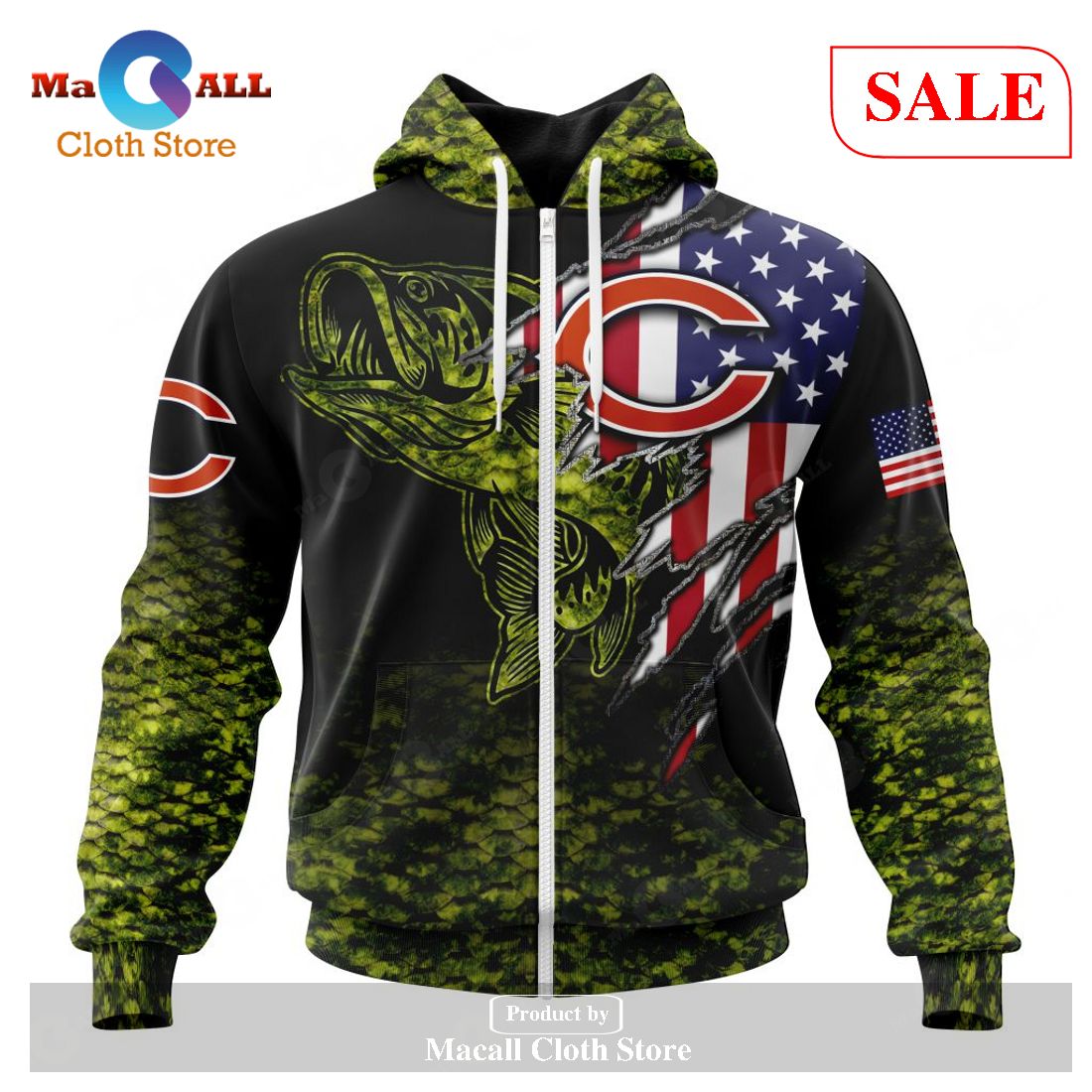 NFL Chicago Bears 3D Hoodie Fishing With United States, NFL Hoodie