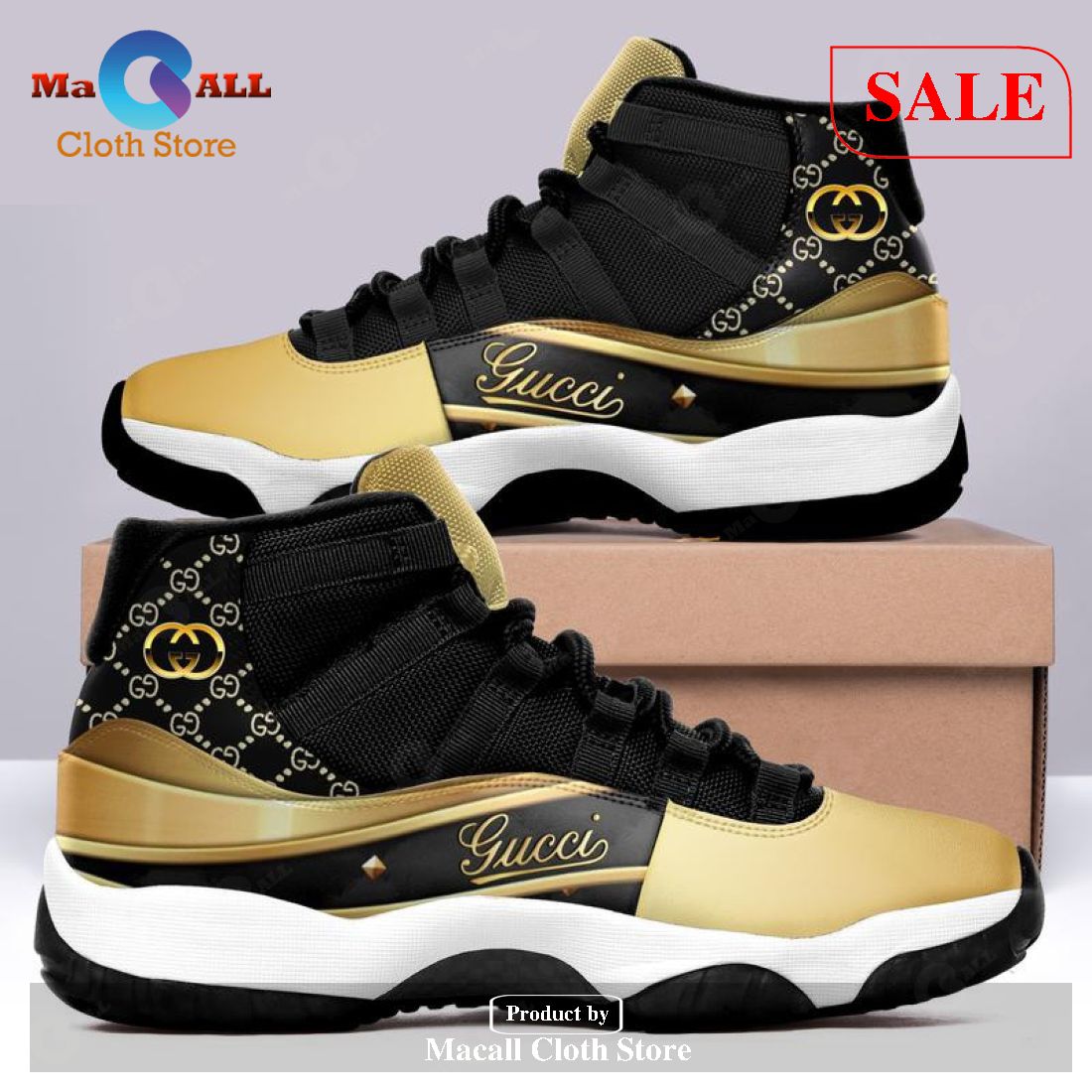 [SALE] Gucci Black Gold Air Jordan 11 Sneakers Shoes Hot 2023 Gifts For Men Women POD Design