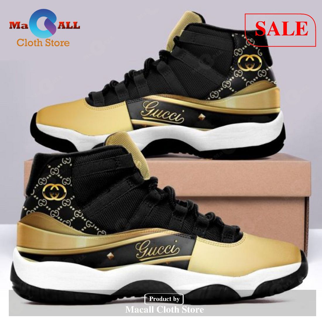 [SALE] Gucci Black Gold Air Jordan 11 Sneakers Shoes Hot 2023 Gifts For Men Women POD Design