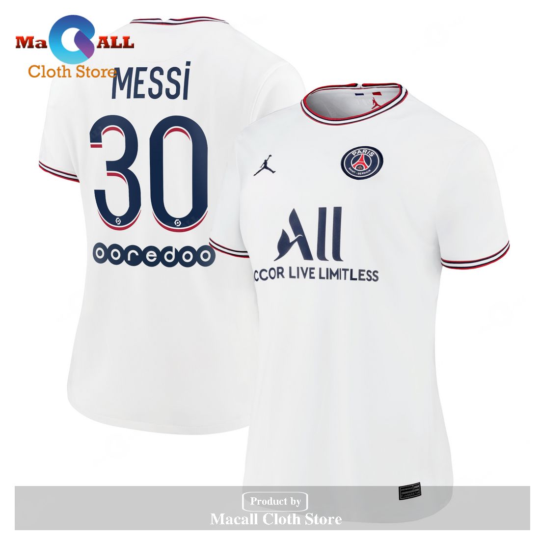 Lionel Messi Paris Saint-Germain Jordan Women’s 2021 22 Fourth Jersey – White