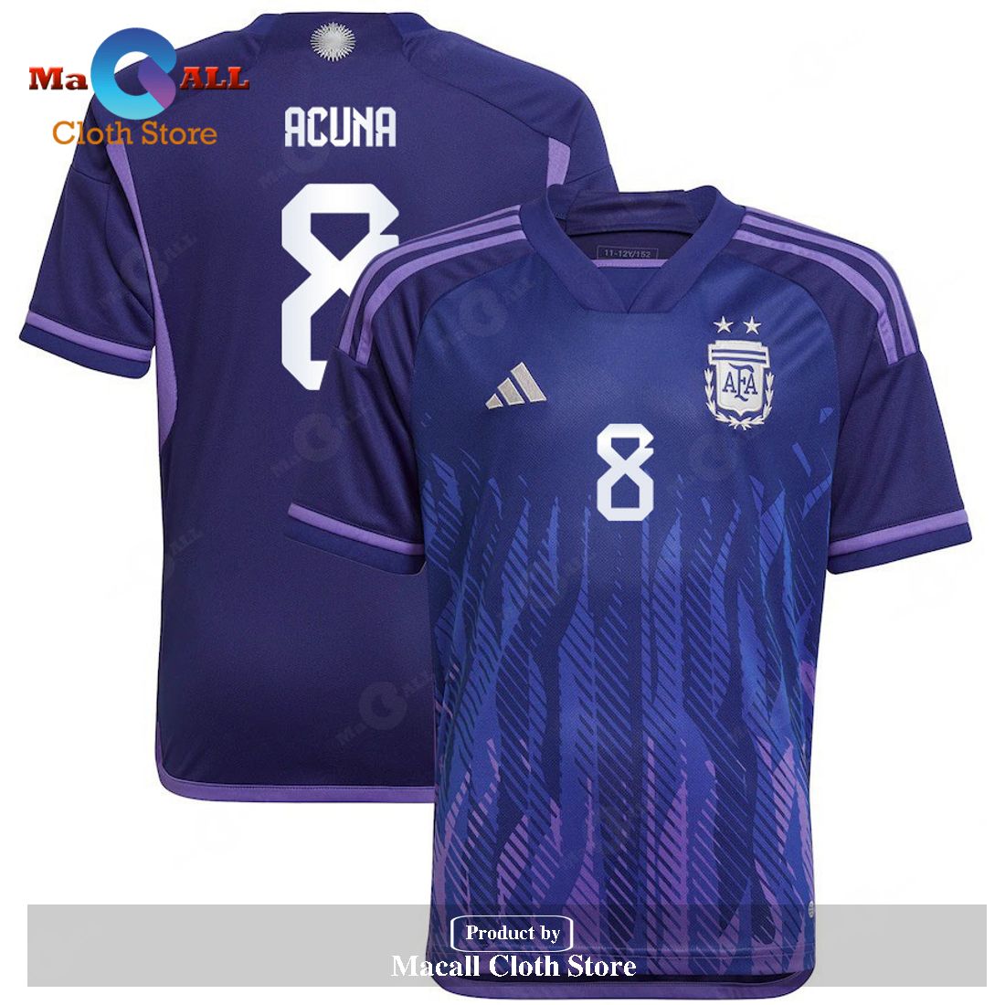 Argentina 2022 23 Qatar World Cup Marcos Acuna Away Youth Dark Blue Light Purple Jersey