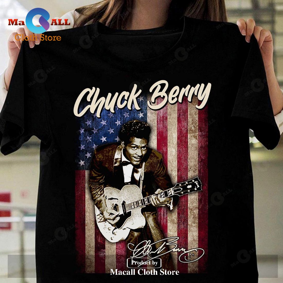 Chuck Berry American Flag Signature Classic-Unisex T-Shirt Hoodie Sweatshirt
