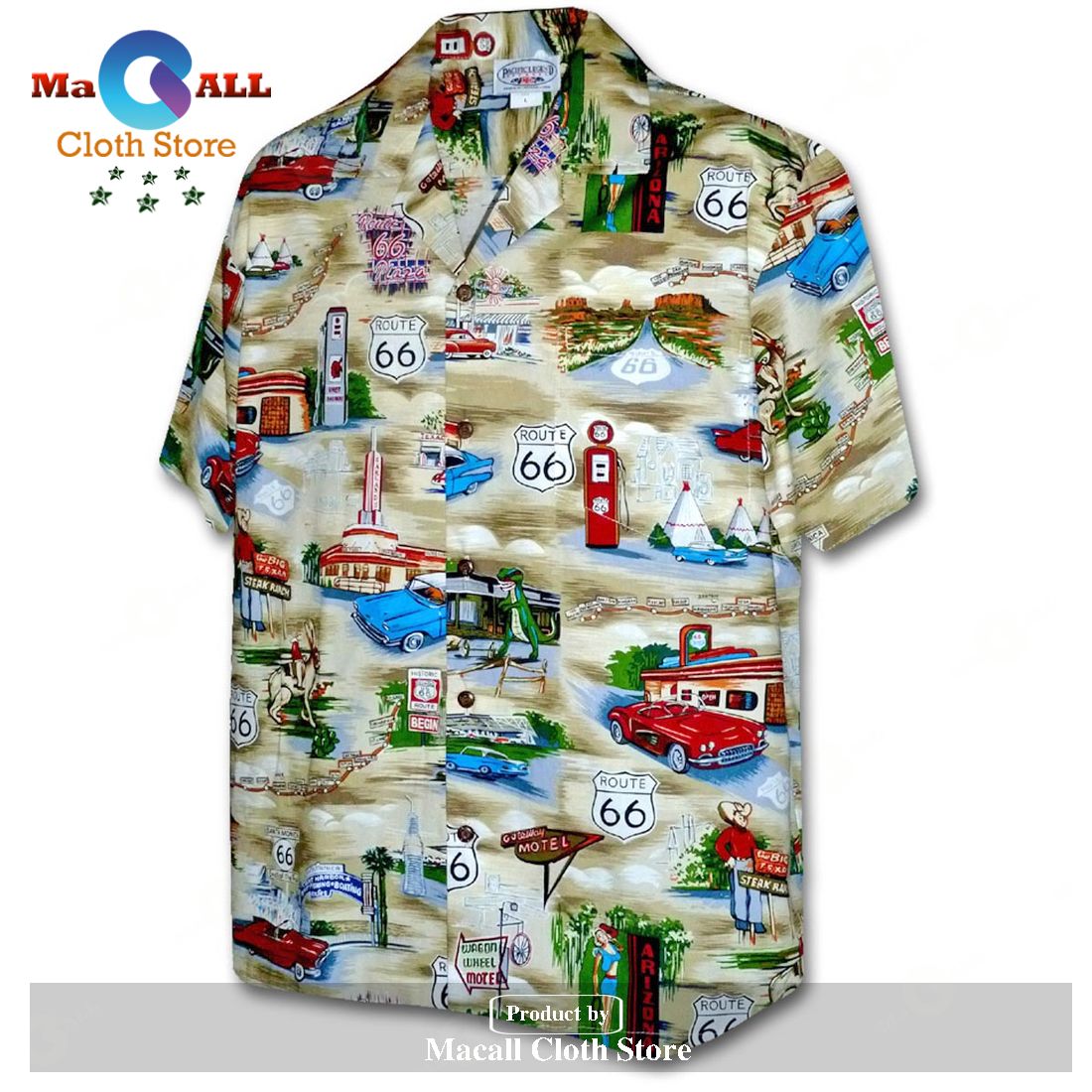 Route 66 Americana Khaki Hawaiian Shirt Route 66 Americana Khaki Hawaiian Shirt