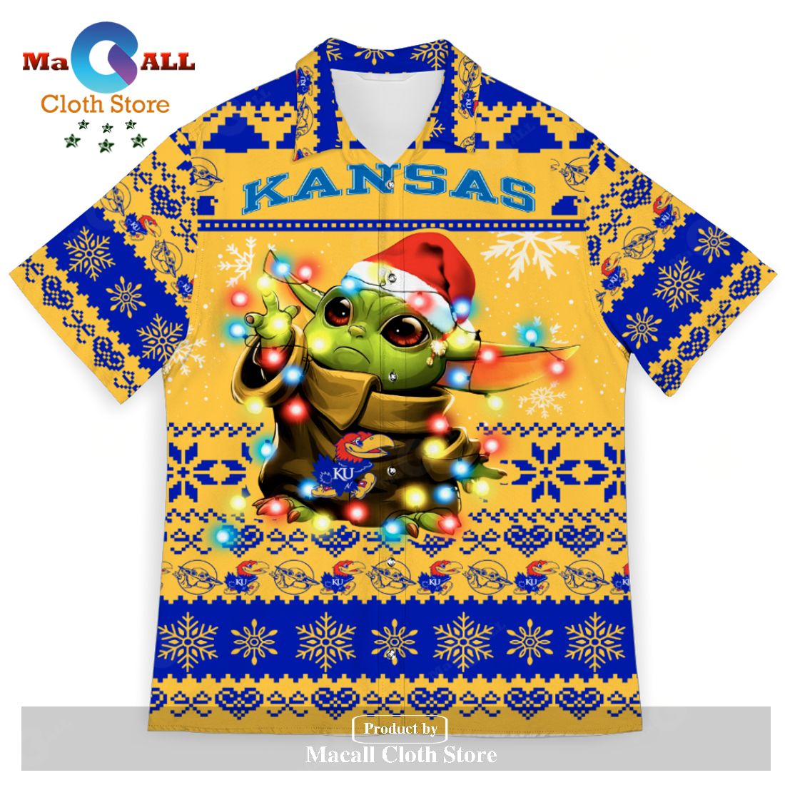 Kansas Jayhawks Baby Yoda Star Wars Sports Football American Ugly Christmas Sweater New Trends For Fans Club Gifts Unisex Hawaiian Shirt-3D Hawaiian Shirt
