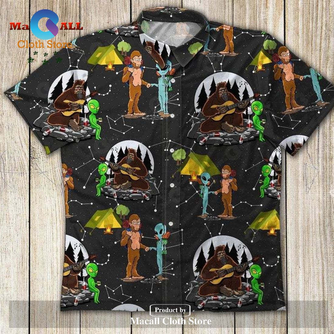 Alien Camping Hawaiian Shirt Alien Camping With Bigfoot Pattern Black_ Alien Camping Hawaiian Shirt Alien Camping With Bigfoot Pattern Black_