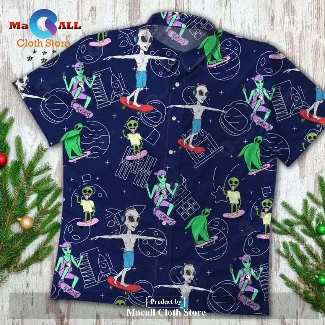 Alien Hawaiian Shirt Alien Playing Skateboard Pattern Blue Hawaii Aloh Alien Hawaiian Shirt Alien Playing Skateboard Pattern Blue Hawaii Aloh