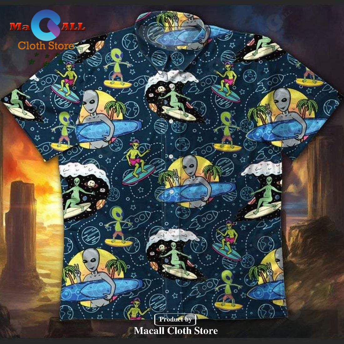 Alien Hawaiian Shirt Alien Surfing Pattern Blue Hawaii Aloha Shirt Alien Hawaiian Shirt Alien Surfing Pattern Blue Hawaii Aloha Shirt