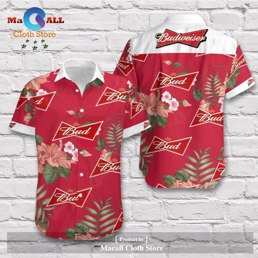 Beer Hawaii Shirt Budweiser Logo Tropical Hibiscus Flower Red