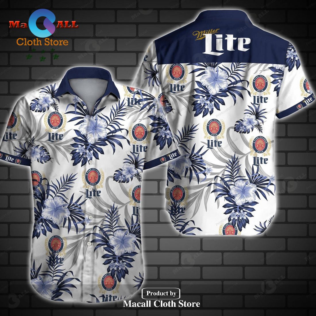 Beer Hawaii Shirt Miller Lite Hibiscus Flower Pattern White Blue