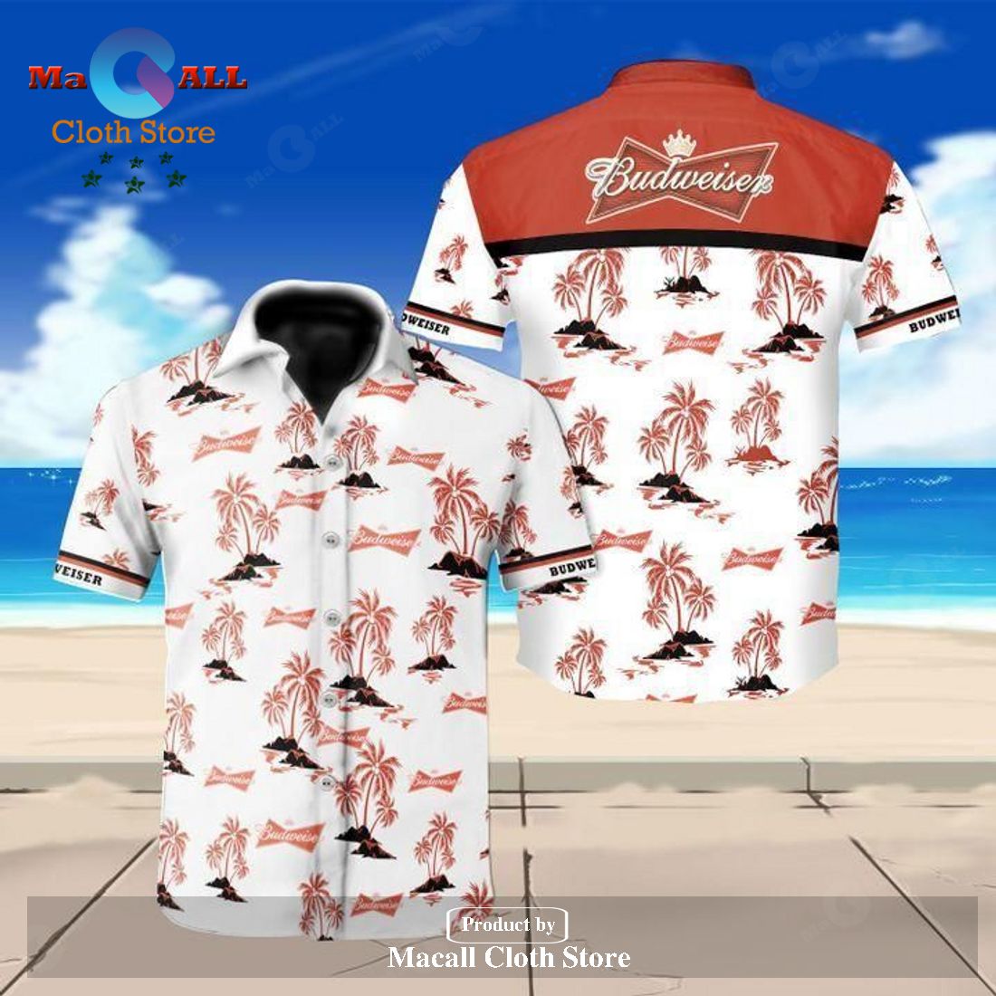 Beer Hawaiian Shirt Budweiser Logo Tropical Palm Trees Pattern Red