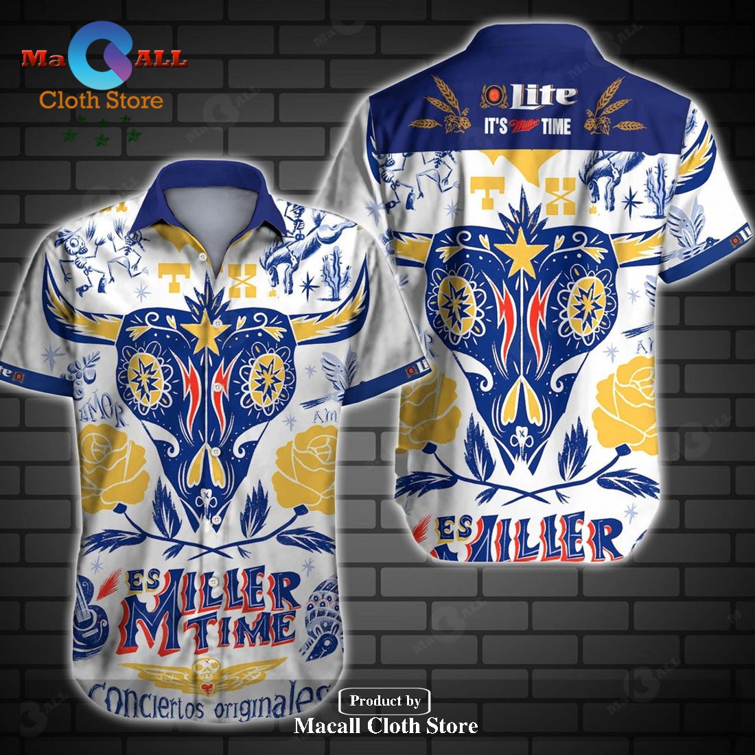 Beer Hawaiian Shirt Miller Lite It's Time Skull Yellow Blue Beer Hawaiian Shirt Miller Lite It's Time Skull Yellow Blue