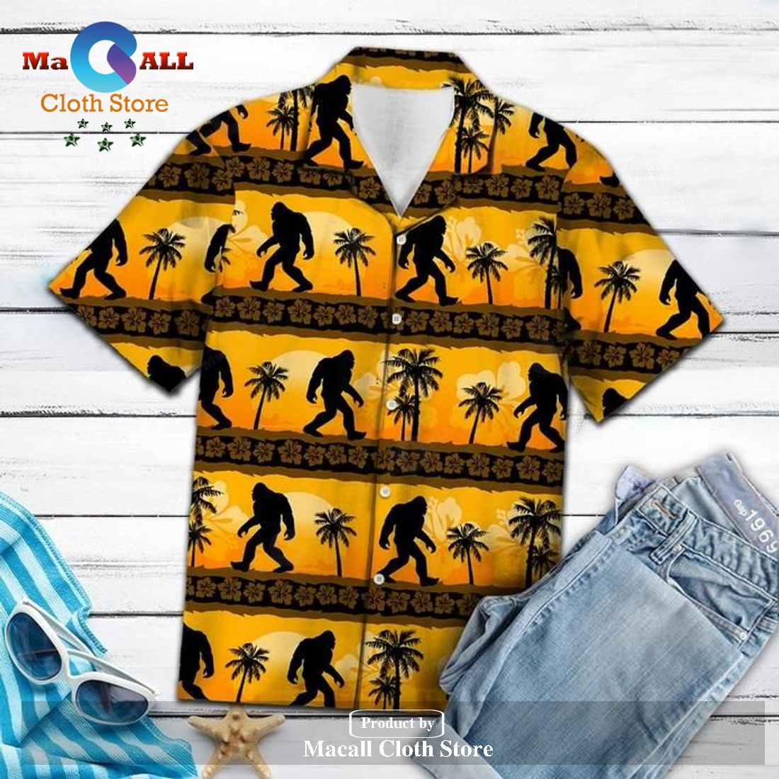 Bigfoot Hawaii Shirt Yellow Sunset Bigfoot Palm Tree Pattern Hawaiian Shirt_ Bigfoot Hawaii Shirt Yellow Sunset Bigfoot Palm Tree Pattern Hawaiian Shirt_