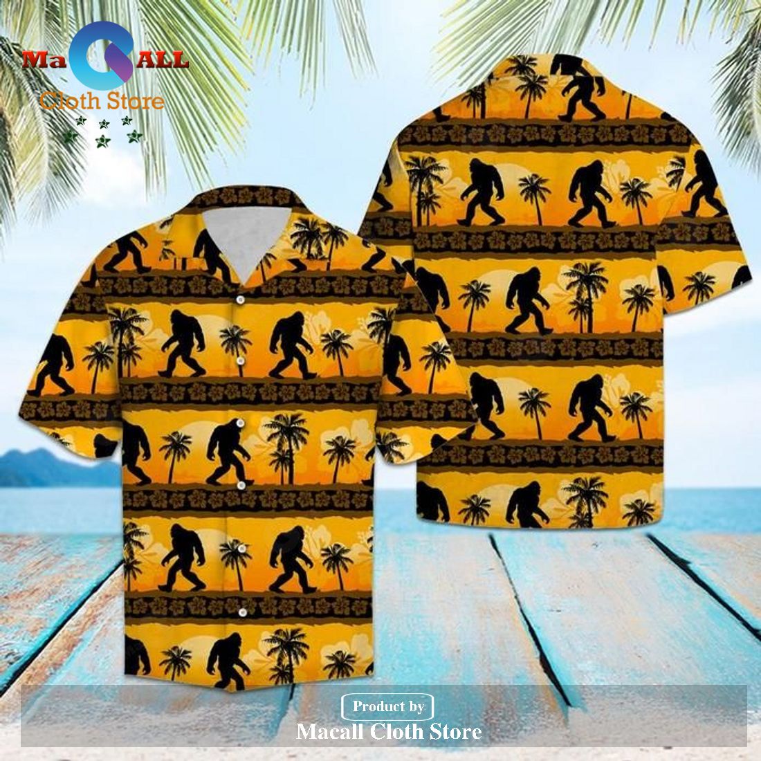 Bigfoot Hawaii Shirt Yellow Sunset Bigfoot Palm Tree Pattern Hawaiian Shirt_ Bigfoot Hawaii Shirt Yellow Sunset Bigfoot Palm Tree Pattern Hawaiian Shirt_