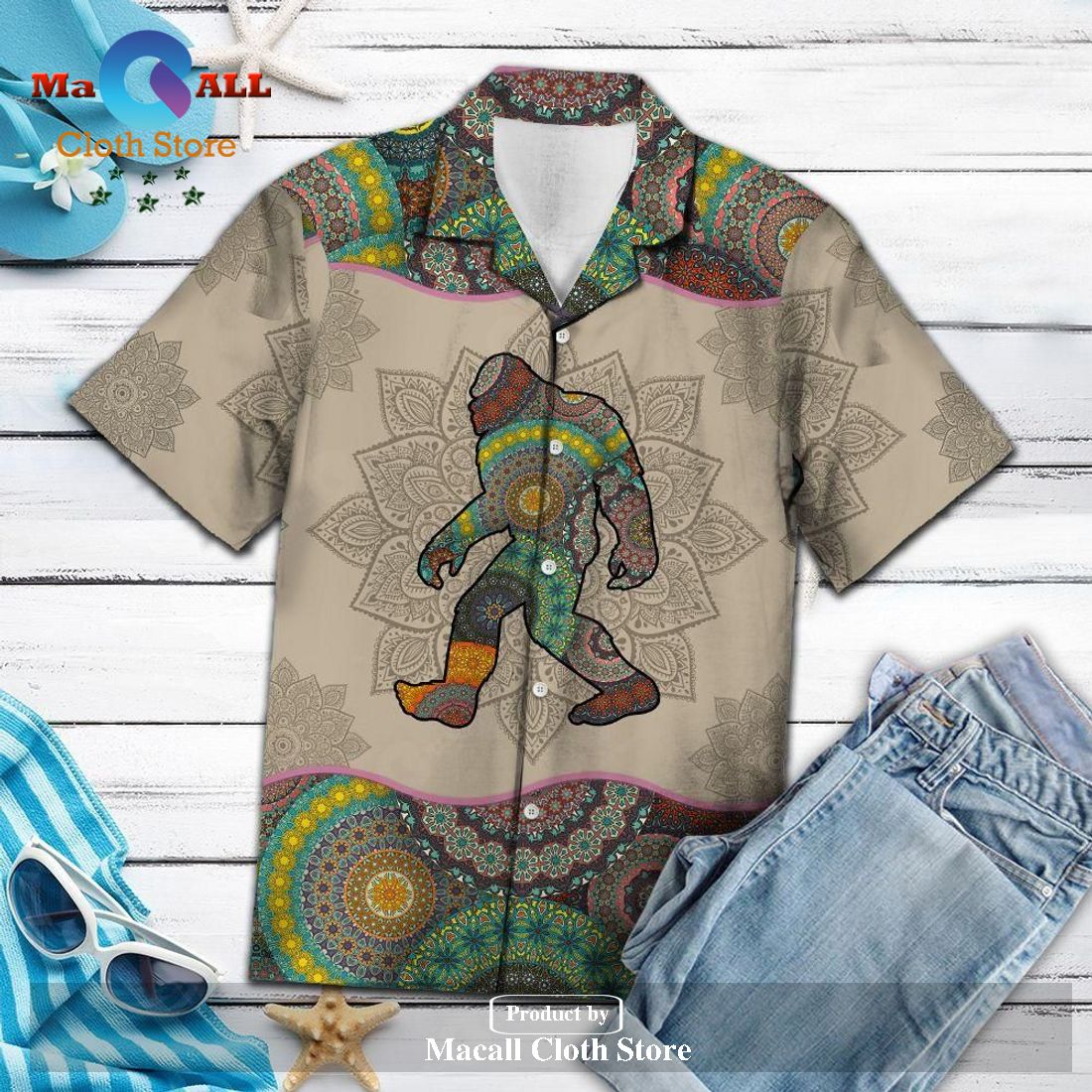 Bigfoot Hawaiian Shirt Bigfoot Mandala Grey Hawaii Aloha Shirt Adult_ Bigfoot Hawaiian Shirt Bigfoot Mandala Grey Hawaii Aloha Shirt Adult_