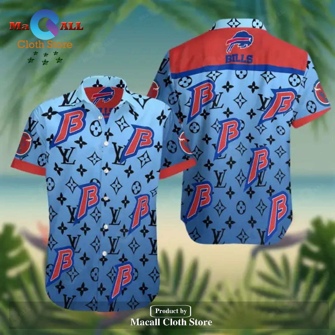 Buffalo Bills Hawaiian Shirt Buffalo Symbol LV Pattern Blue Hawaii Hawaiian Shirt