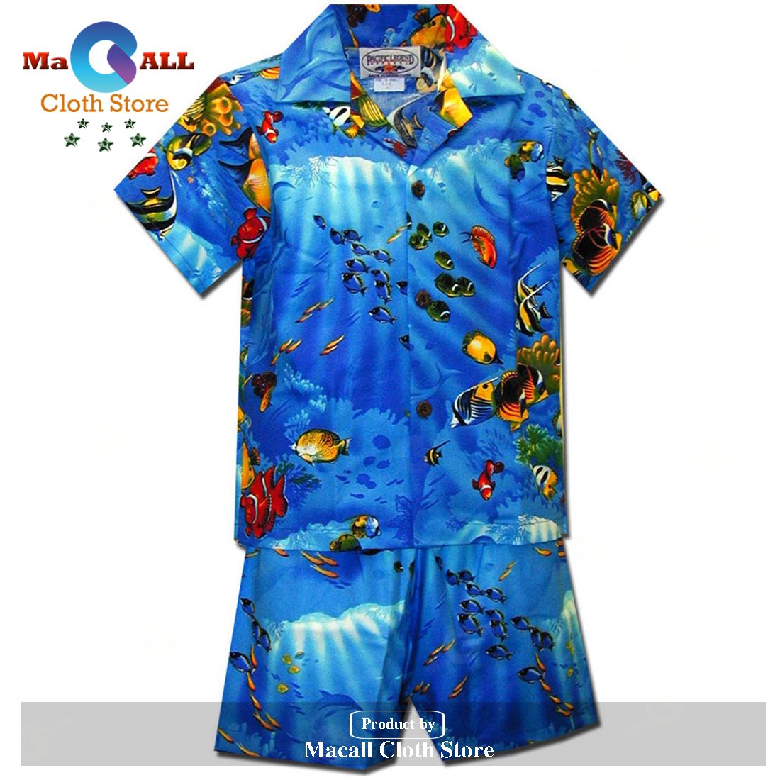 Fishy Time Blue Boy's Hawaiian Shirt and Shorts Fishy Time Blue Boy's Hawaiian Shirt and Shorts