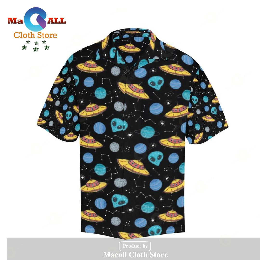 Gifury UFO Alien Hawaii Shirt Yellow UFO Blue Alien Blue Planet Patter
