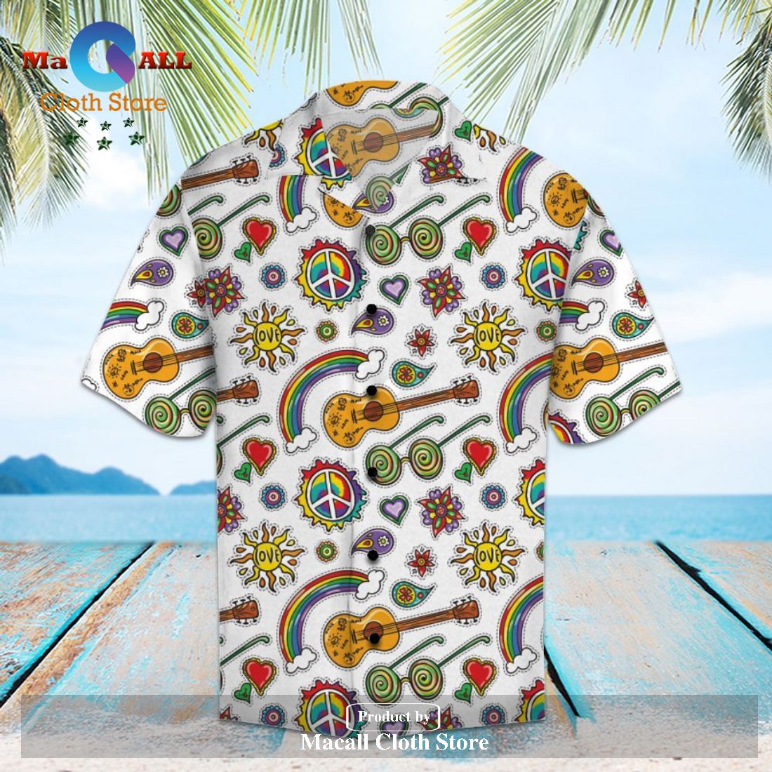 Hippie Hawaiian Shirt Peace Sign Sun Glasses Guitar Pattern White ...