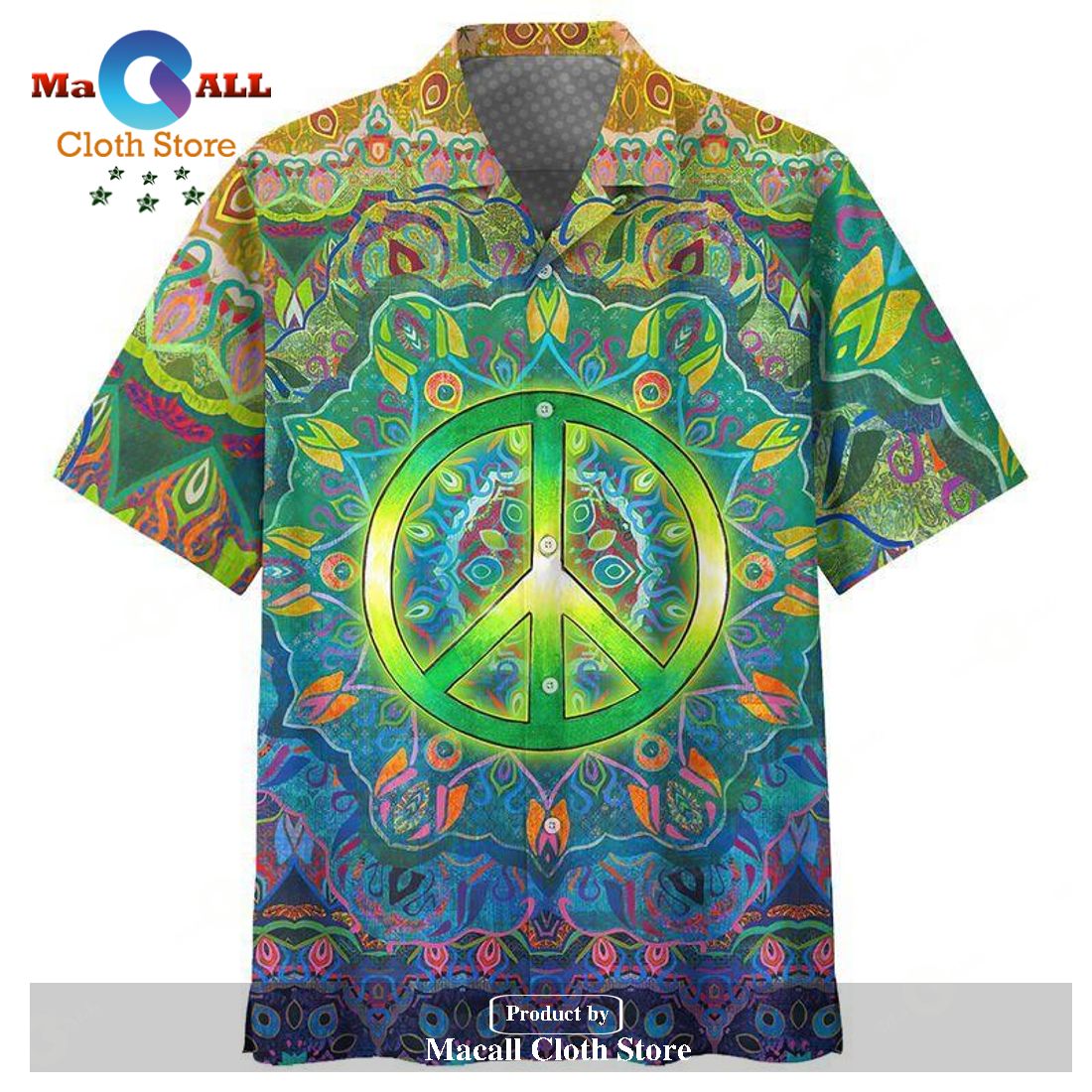 Hippie Shirt Hippie Peace Symbol Leaves Green Blue Hawaiian Aloha Shir ...