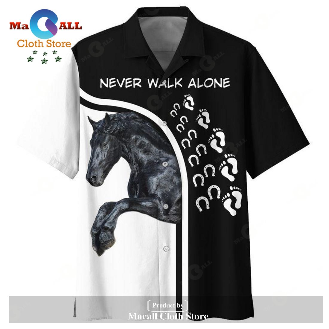 Horse Hawaiian Shirt Black Horse Never Walk Alone Horseshoes Footprint Horse Hawaiian Shirt Black Horse Never Walk Alone Horseshoes Footprint