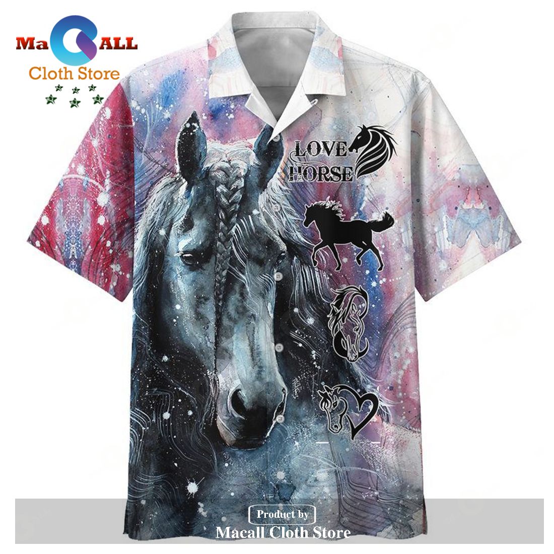 Horse Hawaiian Shirt Love Horse Silhouette Painting Pink Hawaii Aloha ...