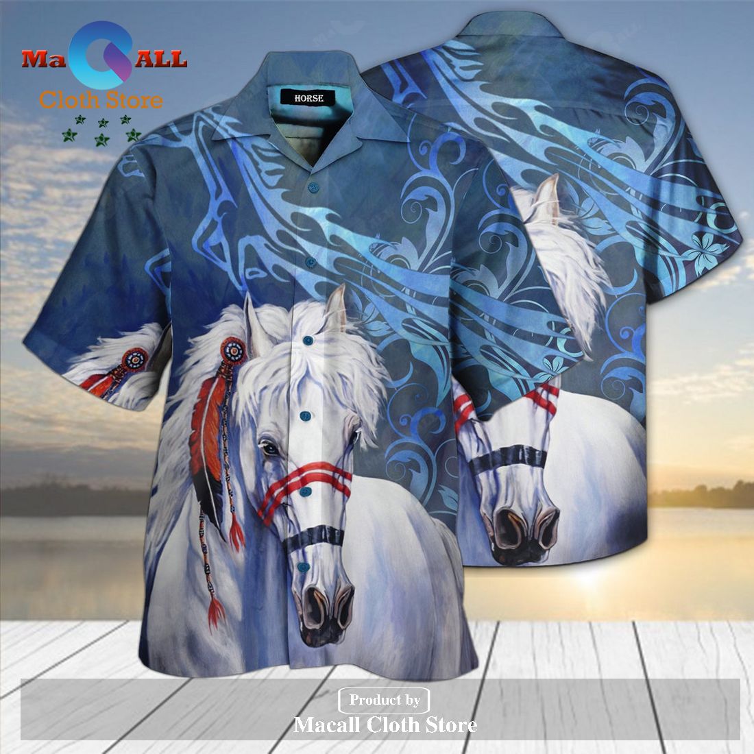 Horse Hawaiian Shirt Native American White Horse Blue Hawaii Shirt For ...