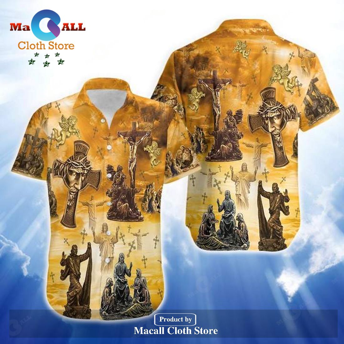 Jesus Hawaiian Shirt Bronze Jesus Cross Statue Yellow Hawaii Aloha Hawaiian Shirt