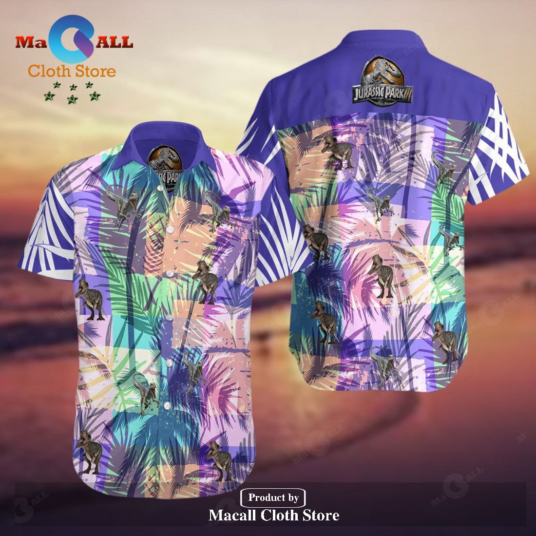 Jurassic Park Hawaiian Shirt Dinosaurs Tropical Palm Leaves Purple Macall Cloth Store 8845