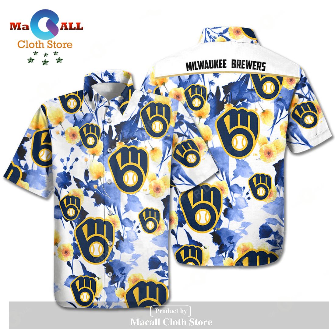 Milwaukee Brewers Symbol Flowers Blue White Hawaiian Shirt Milwaukee Brewers Symbol Flowers Blue White Hawaiian Shirt
