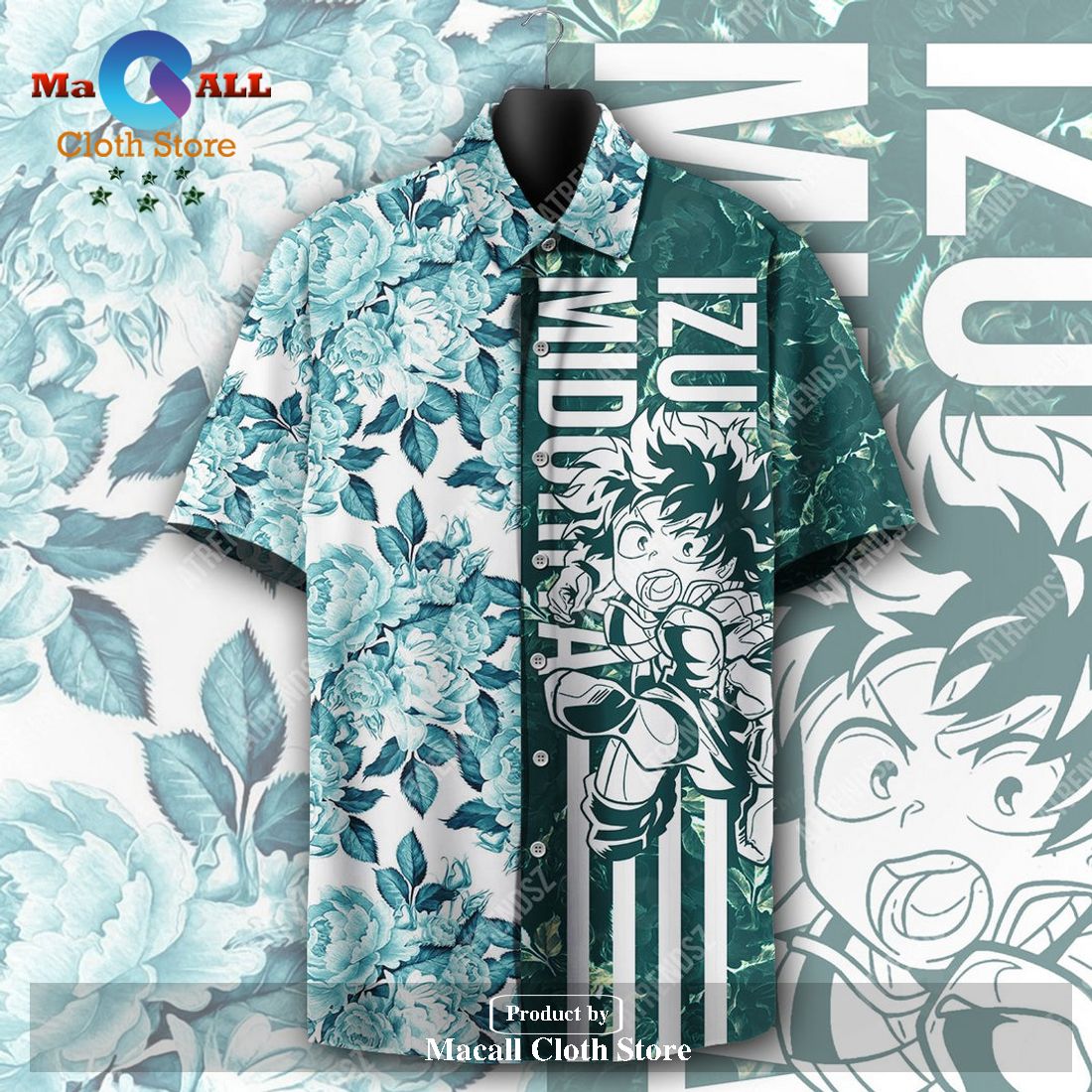 My Hero Academia Midoriya Izuku Floral Blue Green Hawaiian Shirt My Hero Academia Midoriya Izuku Floral Blue Green Hawaiian Shirt