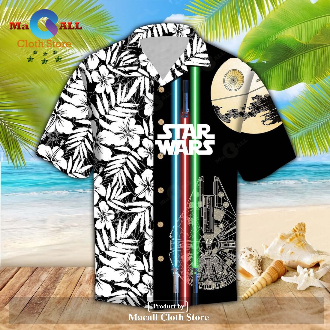 SW Millennium Falcon Death Star Light Saber Tropical Hawaiian Shirt
