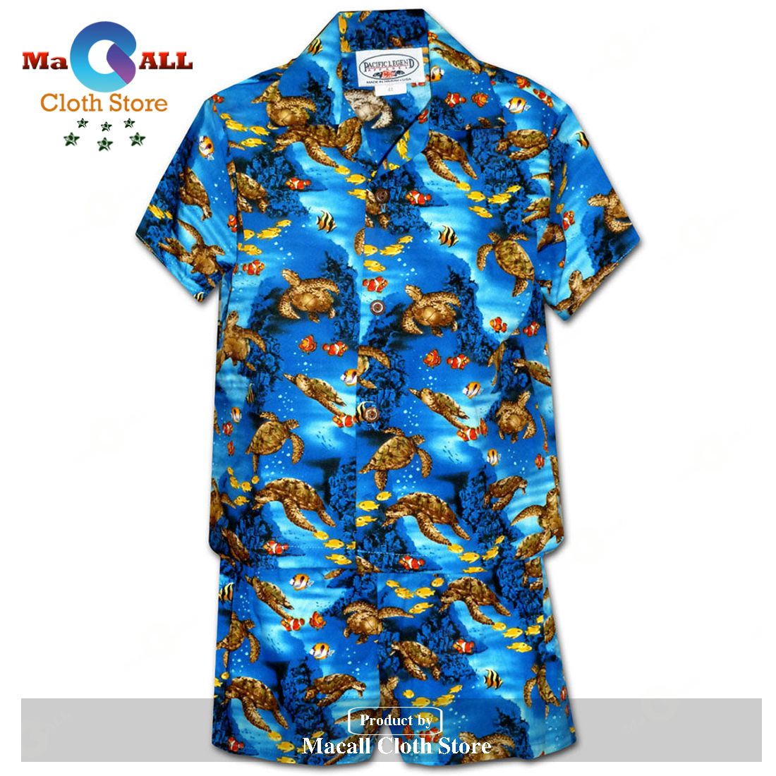 Turtle Reef Blue Boy's and Shorts Hawaiian Shirt Turtle Reef Blue Boy's and Shorts Hawaiian Shirt