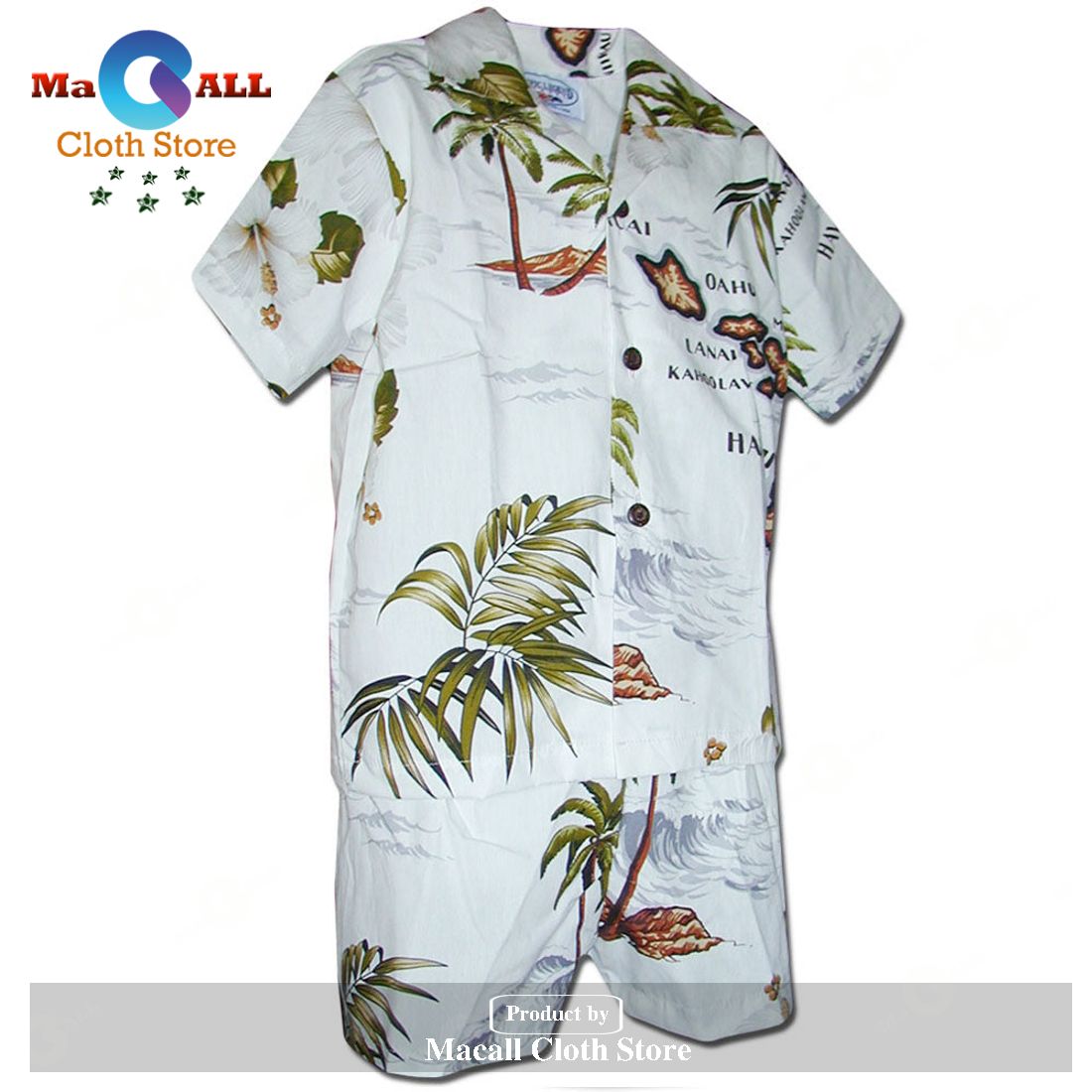 White Map of Boy's Hawaiian Shirt and Shorts White Map of Boy's Hawaiian Shirt and Shorts