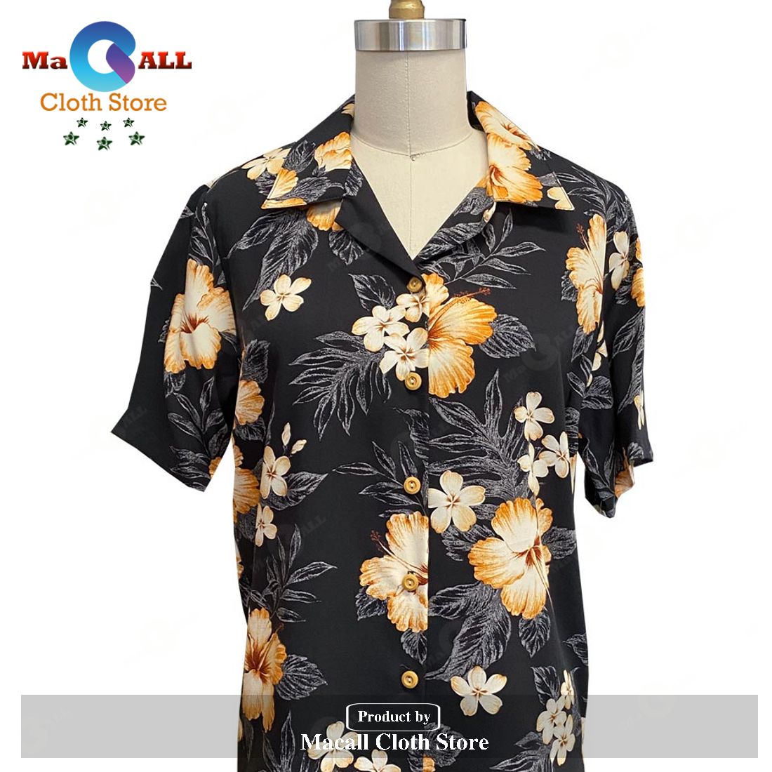 Women's Hibiscus Resort Black Camp Hawaiian Shirt and Shorts Women's Hibiscus Resort Black Camp Hawaiian Shirt and Shorts