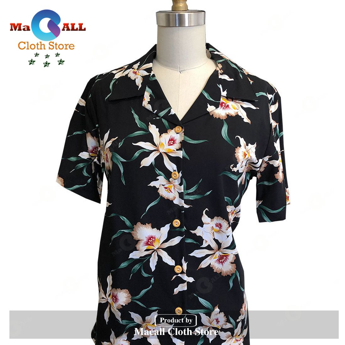 Women's Star Orchid Black Camp Hawaiian Shirt and Shorts Women's Star Orchid Black Camp Hawaiian Shirt and Shorts