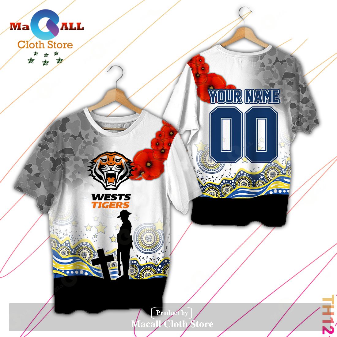 NRL Wests Tigers Custom Name Number 2023 ANZAC Day Jersey T-Shirt