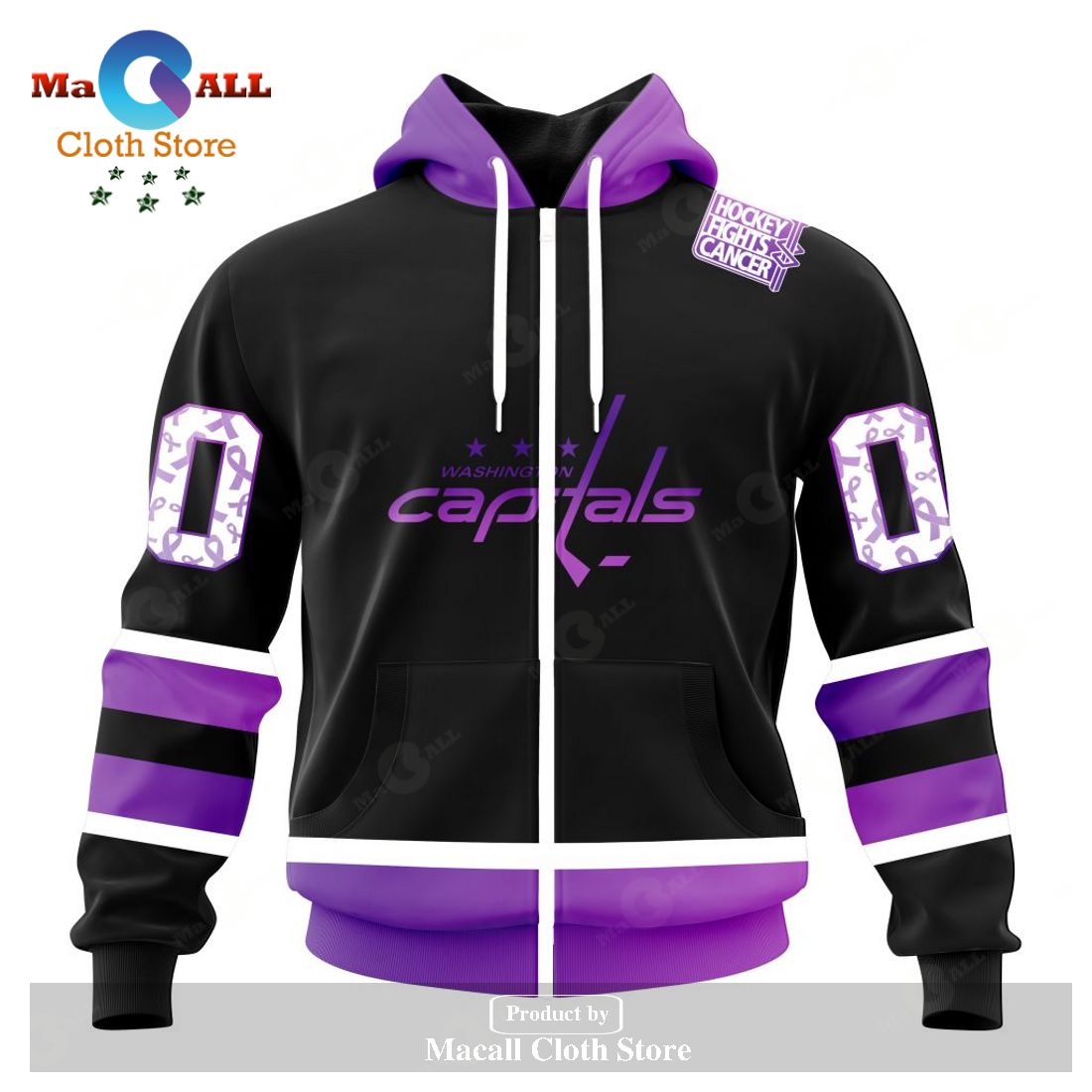 Personalized NHL Washington Capitals Special Black Hockey Fights Cancer Kits New Version Hoodie Sweatshirt 3D