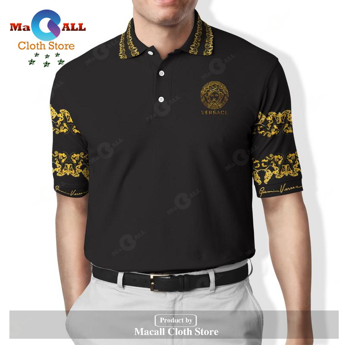 Versace Logo Patterns Style Luxury For Men Versace Yellow Polo Shirt